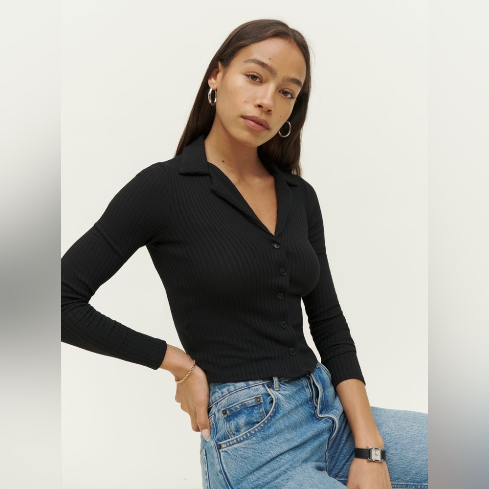 Reformation Irina knit top XL black ribbed with collar and buttons